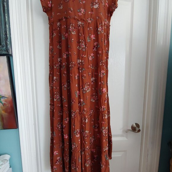 Natural Life Brown Floral Tiered Granola Soft Girl Square Neck Cottage Dress L - Picture 7 of 14